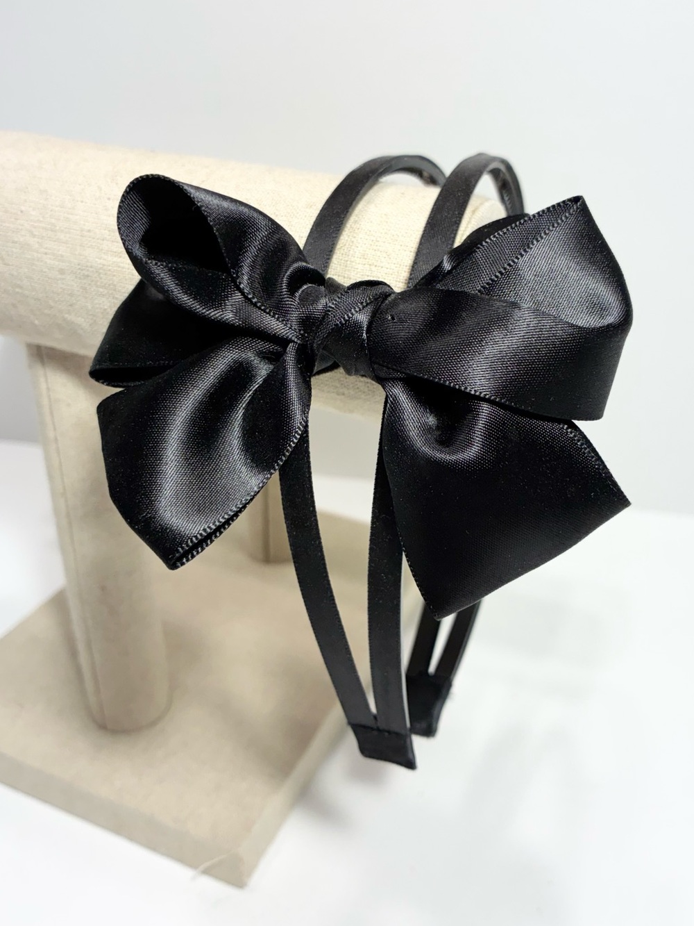Oversized Satin Bow Double Headband in Black